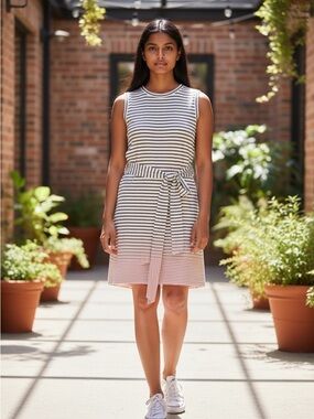 Sleeveless Black and White Striped Tie-Waist Mini Dress